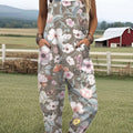Women's  Vintage Flower Art Print Casual 100% Cotton Wide Leg Jumpsuit