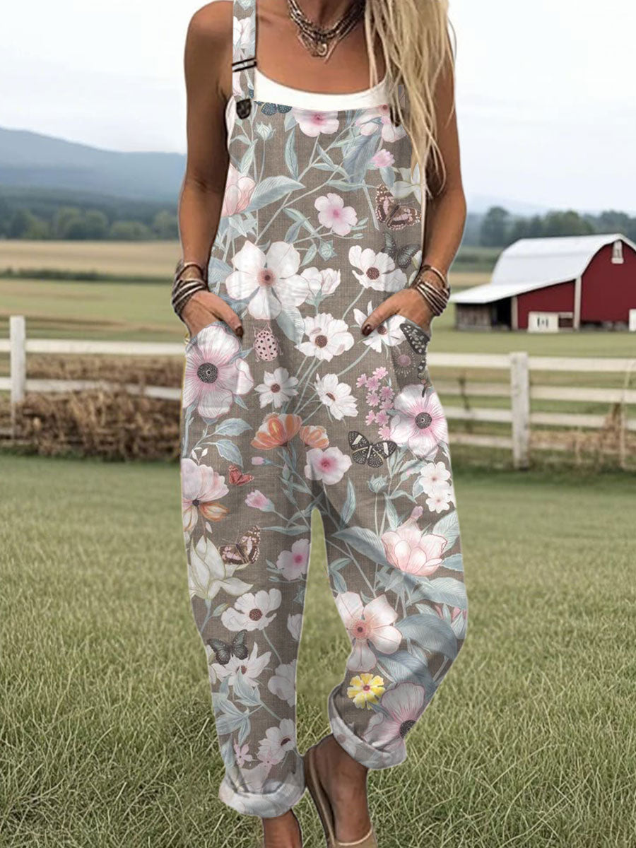 Women's  Vintage Flower Art Print Casual 100% Cotton Wide Leg Jumpsuit