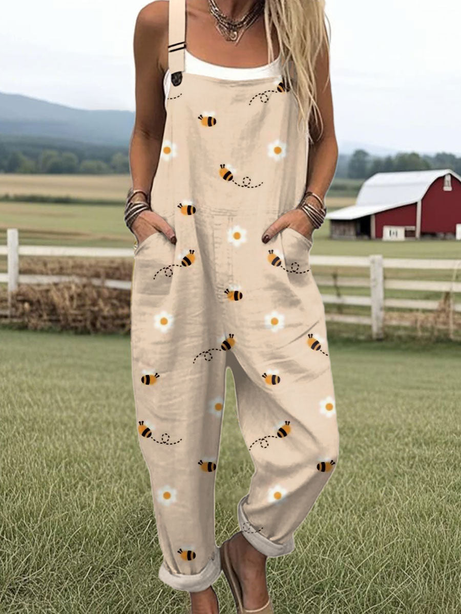 Women's  Bee Art Print Casual 100% Cotton Wide Leg Jumpsuit