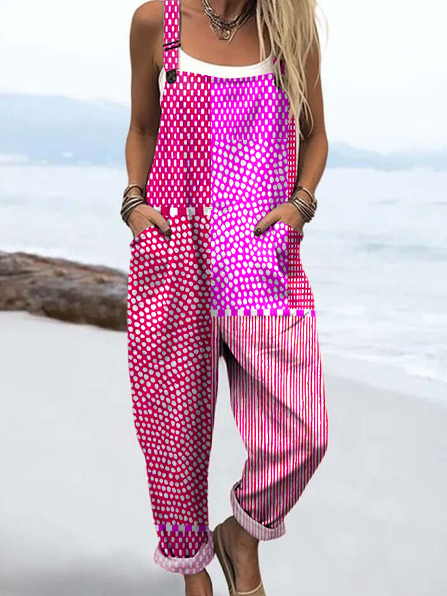 Women's Bright Polka Dot Art Print Casual 100% Cotton Wide Leg Jumpsuit