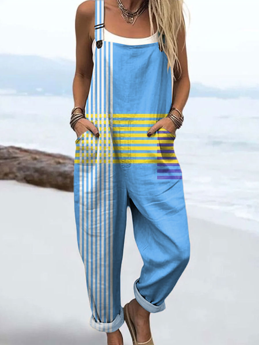 Women's Abstract Colorful Stripes Art Print Casual 100% Cotton Wide Leg Jumpsuit
