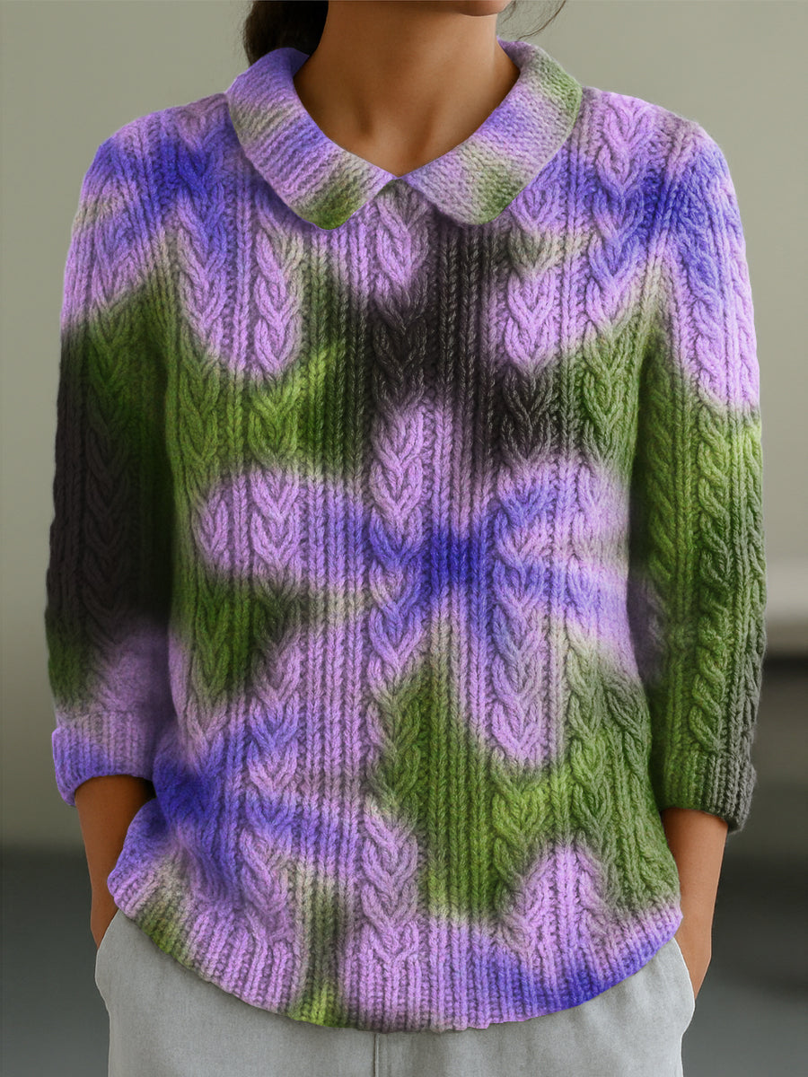 womens-abstract-large-flower-painting-art-print-casual-peter-pan-collar-3-4-sleeve-sweater