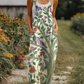 Women's  Vintage Flower Art Print Casual 100% Cotton Wide Leg Jumpsuit