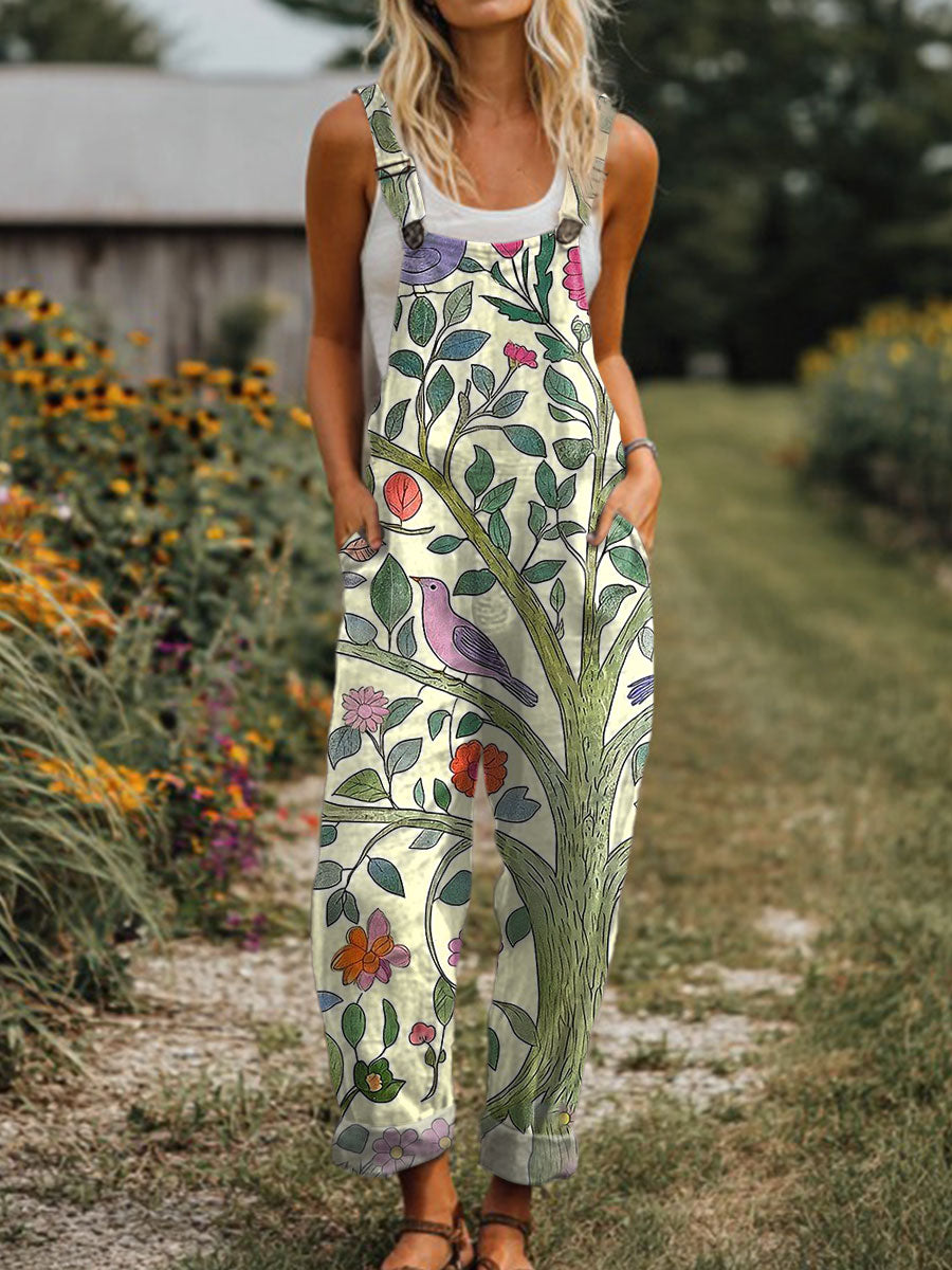 Women's  Vintage Flower Art Print Casual 100% Cotton Wide Leg Jumpsuit