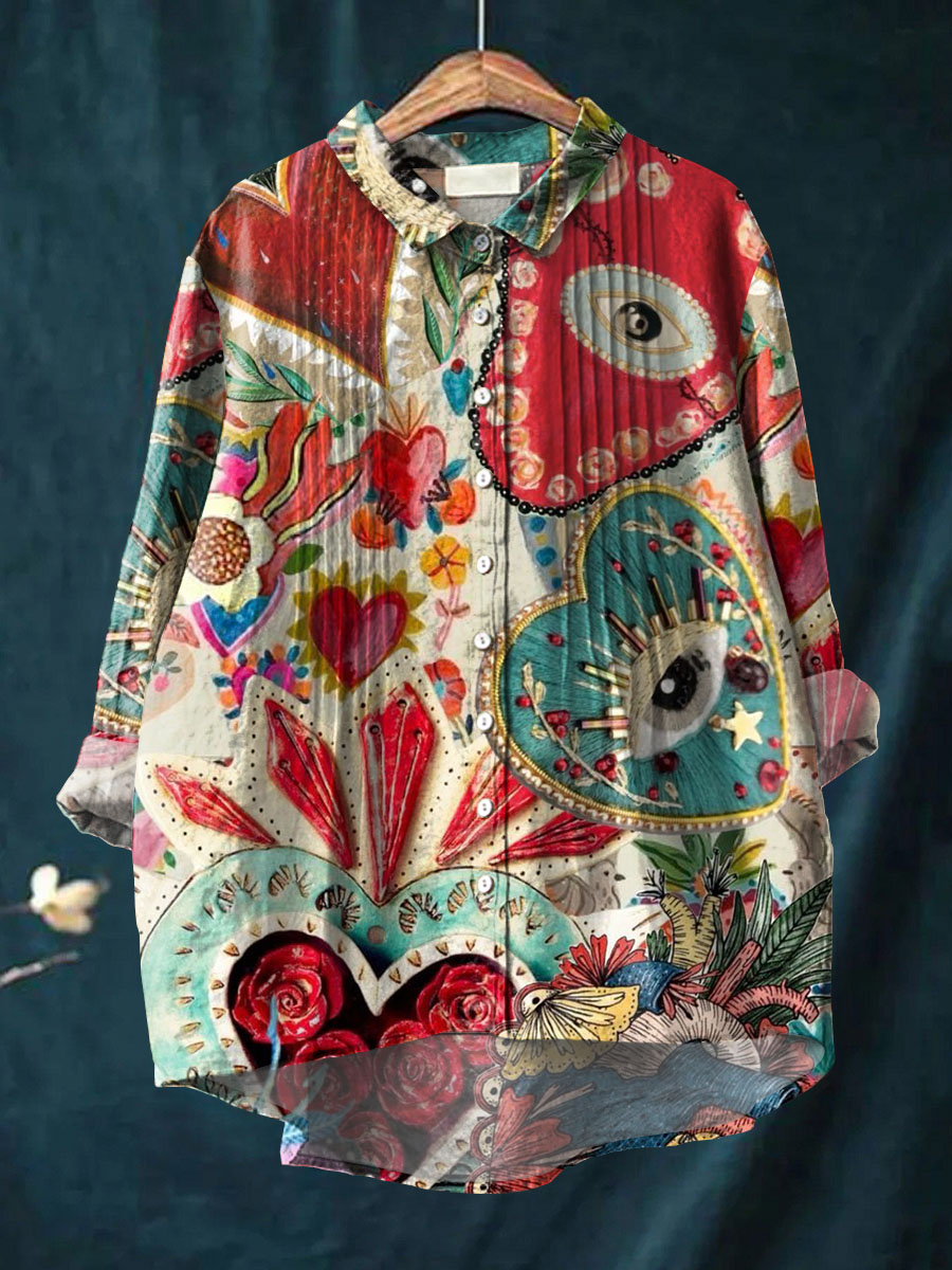Women's Heart Print Casual Cotton And Linen Ruffle Shirt