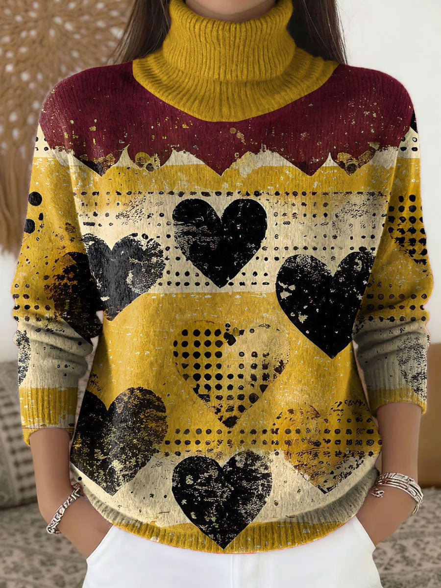 Women's Retro Heart Pattern Art Print Casual Cotton Shirt