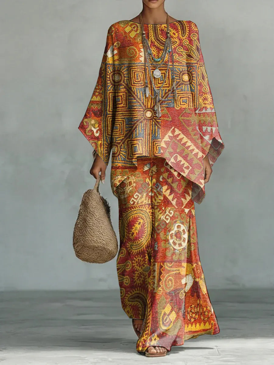 Women's Vintage Ethnic Style Pattern Print Casual Cotton Linen Suits
