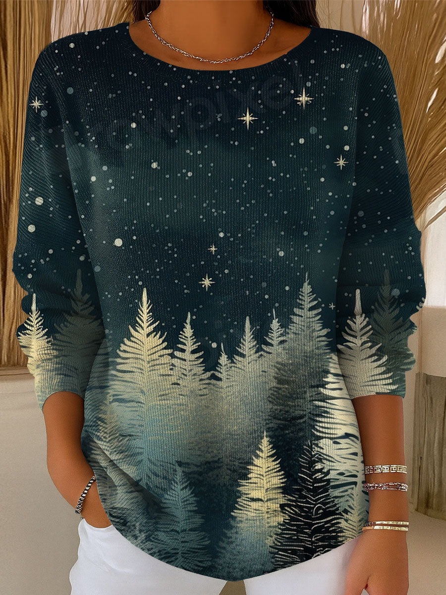 Women's Retro Style Christmas Tree Art Print Casual Pullover Sweater