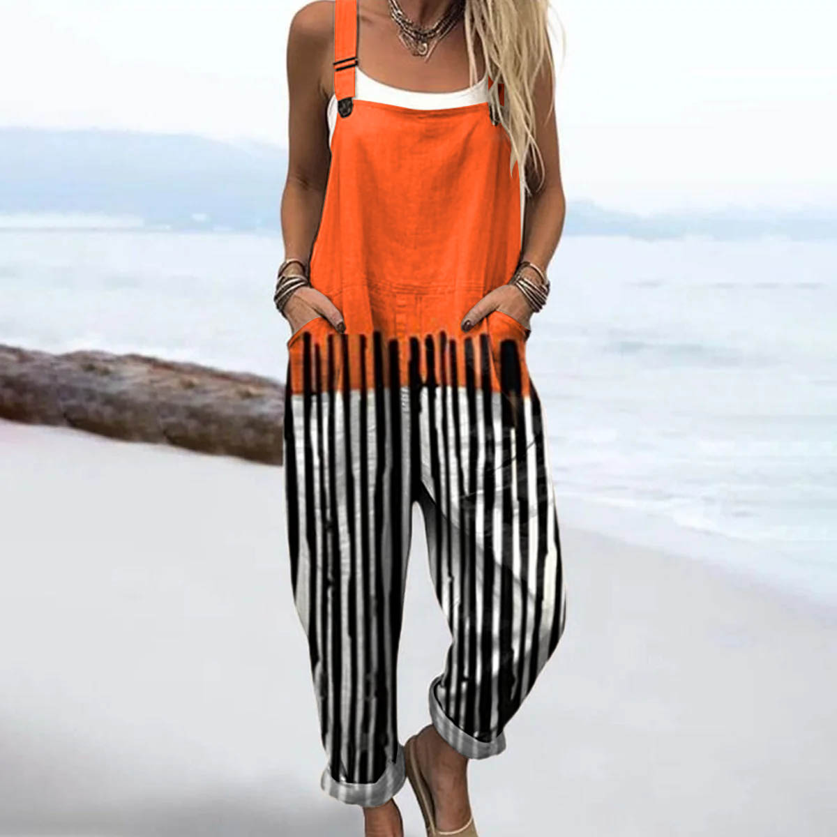 Women's Abstract Geometric Line Pattern Art Print Casual 100% Cotton Wide Leg Jumpsuit