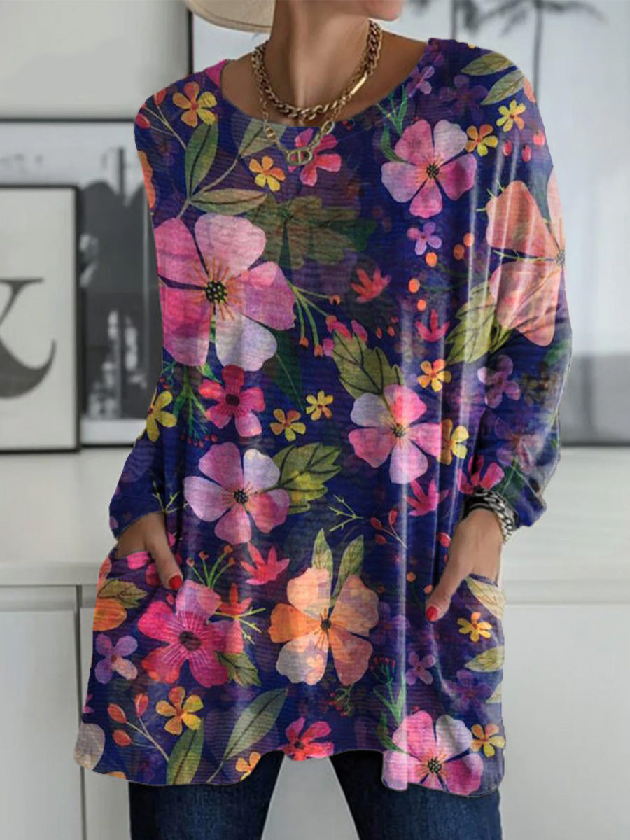 Women's Beautiful Abstract Large Flower Painting Art Print Casual Long Sleeve T-shirt