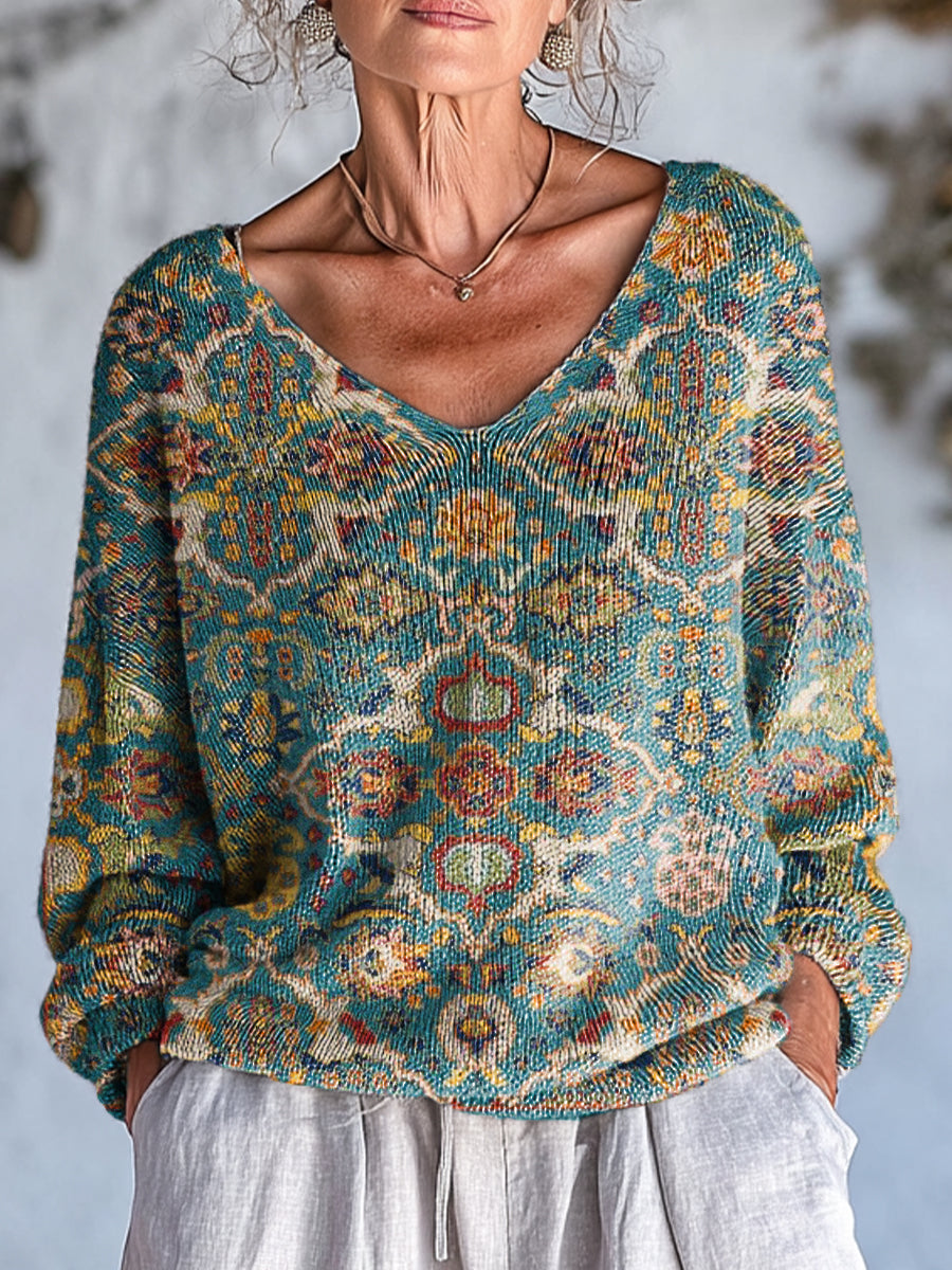 womens-ethnic-diamond-geometric-floral-painting-art-print-casual-pullover-sweater