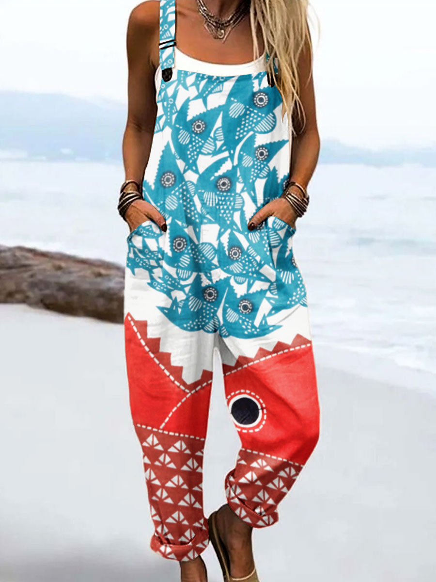 Women's Vintage Abstract Fish Art Print Casual 100% Cotton Wide Leg Jumpsuit