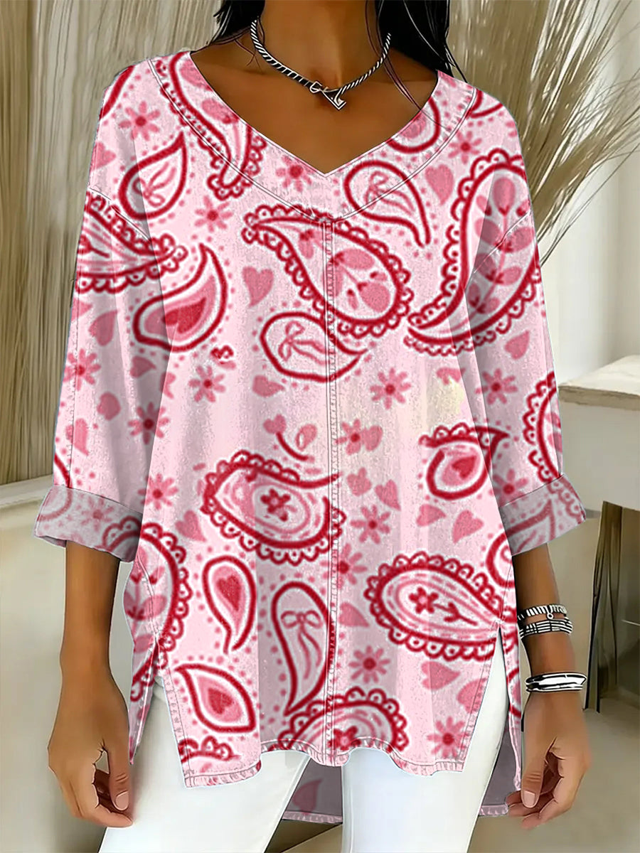 Women's Valentine's Day Cashew Flower Art Print Casual Washed Denim Cotton Top