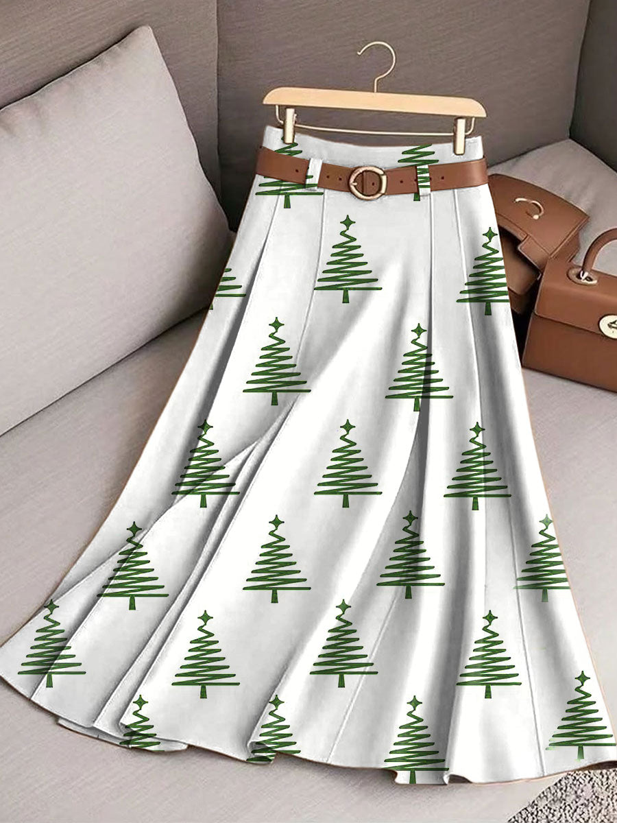 Women's Vintage Christmas Art Print Cotton Skirt