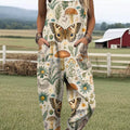 Women's Lovely Butterfly Mushroom Pattern Art Print Casual 100% Cotton Wide Leg Jumpsuit