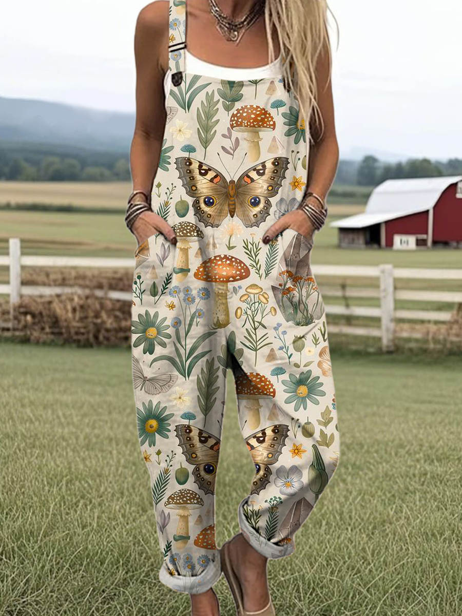 Women's Lovely Butterfly Mushroom Pattern Art Print Casual 100% Cotton Wide Leg Jumpsuit