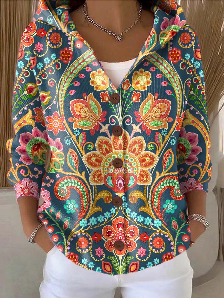 Women's Vintage Floral Pattern Art Printed Casual Hooded Button Sweater
