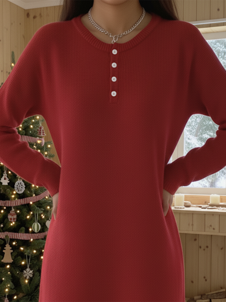 Women's Henley Collar Soft Wool Solid Color Knitted Dress