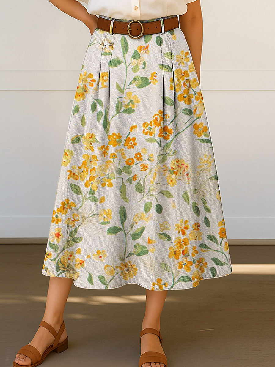 Women's Retro Flowers Floral Pattern Print High Waist Casual A-Line Skirt