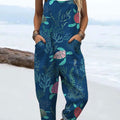 Women's  Ocean Turtle Vintage Art Print Casual 100% Cotton Wide Leg Jumpsuit