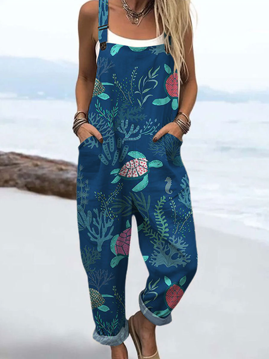 Women's  Ocean Turtle Vintage Art Print Casual 100% Cotton Wide Leg Jumpsuit