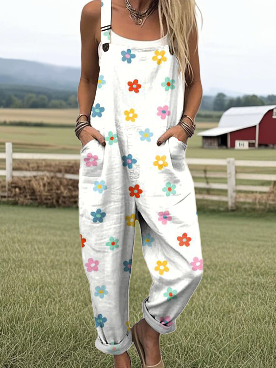 Women's Colourful Art Flower Print Casual 100% Cotton Wide Leg Jumpsuit