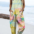 Women's Colourful Art Abstract Creative Print Casual 100% Cotton Wide Leg Jumpsuit