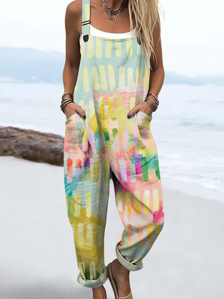 Women's Colourful Art Abstract Creative Print Casual 100% Cotton Wide Leg Jumpsuit
