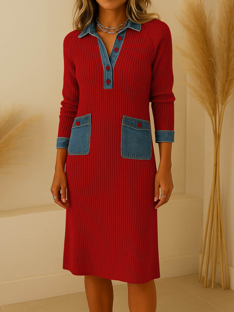 Women's Shirt Collar Long Sleeve Casual Loose Knit Dress