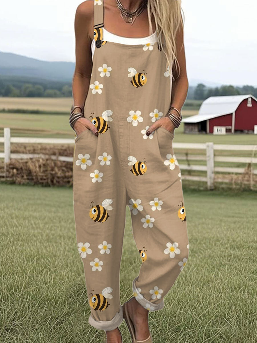 Women's  Funny Flower Bee  Art Print Casual 100% Cotton Wide Leg Jumpsuit
