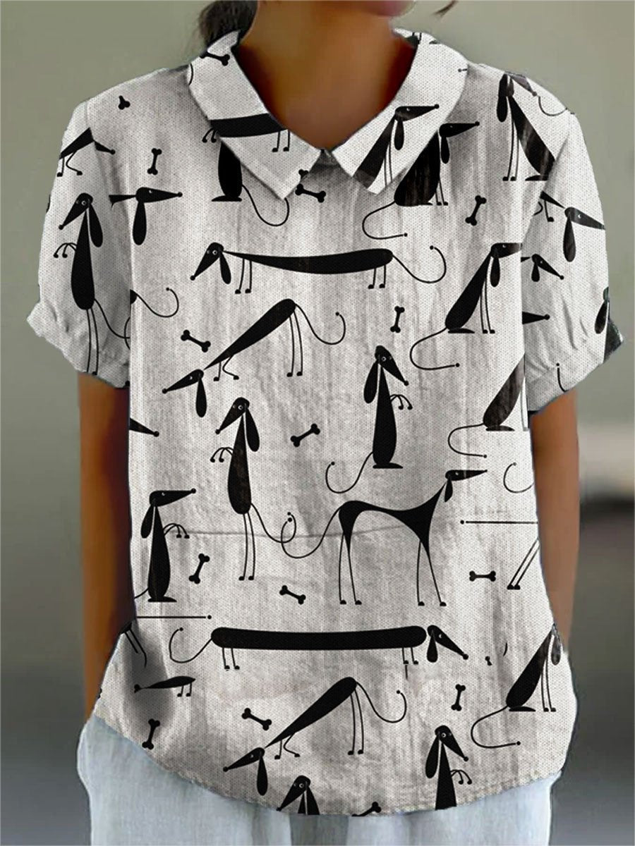 Women's Dachshund Dog Lover Art Print Casual Cotton And Linen Shirt