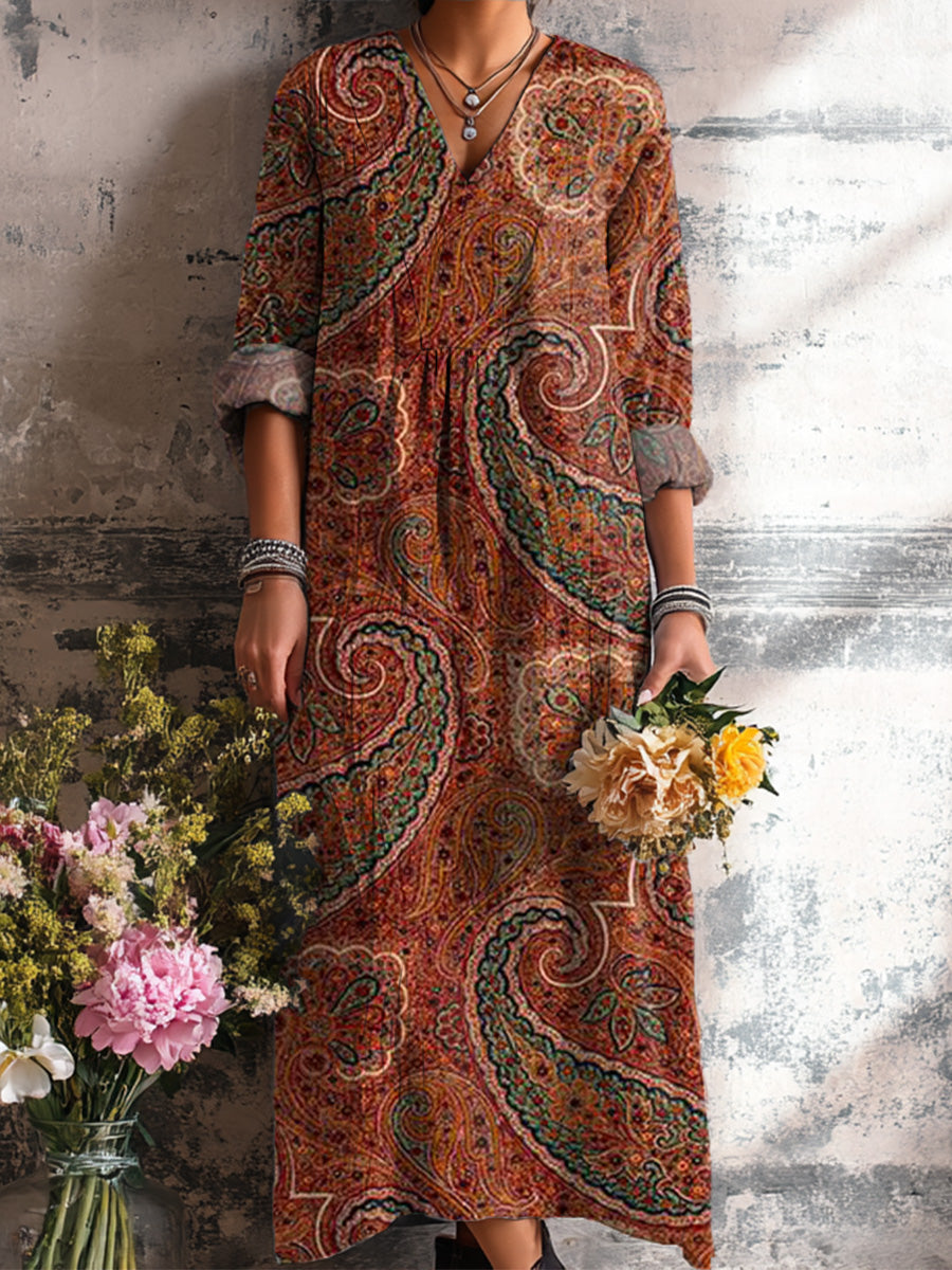 Women's Vintage Ethnic Paisley Floral Drawing Art Print Dress