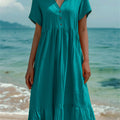 Women's Cotton and Linen Short Sleeve V-neck Dress