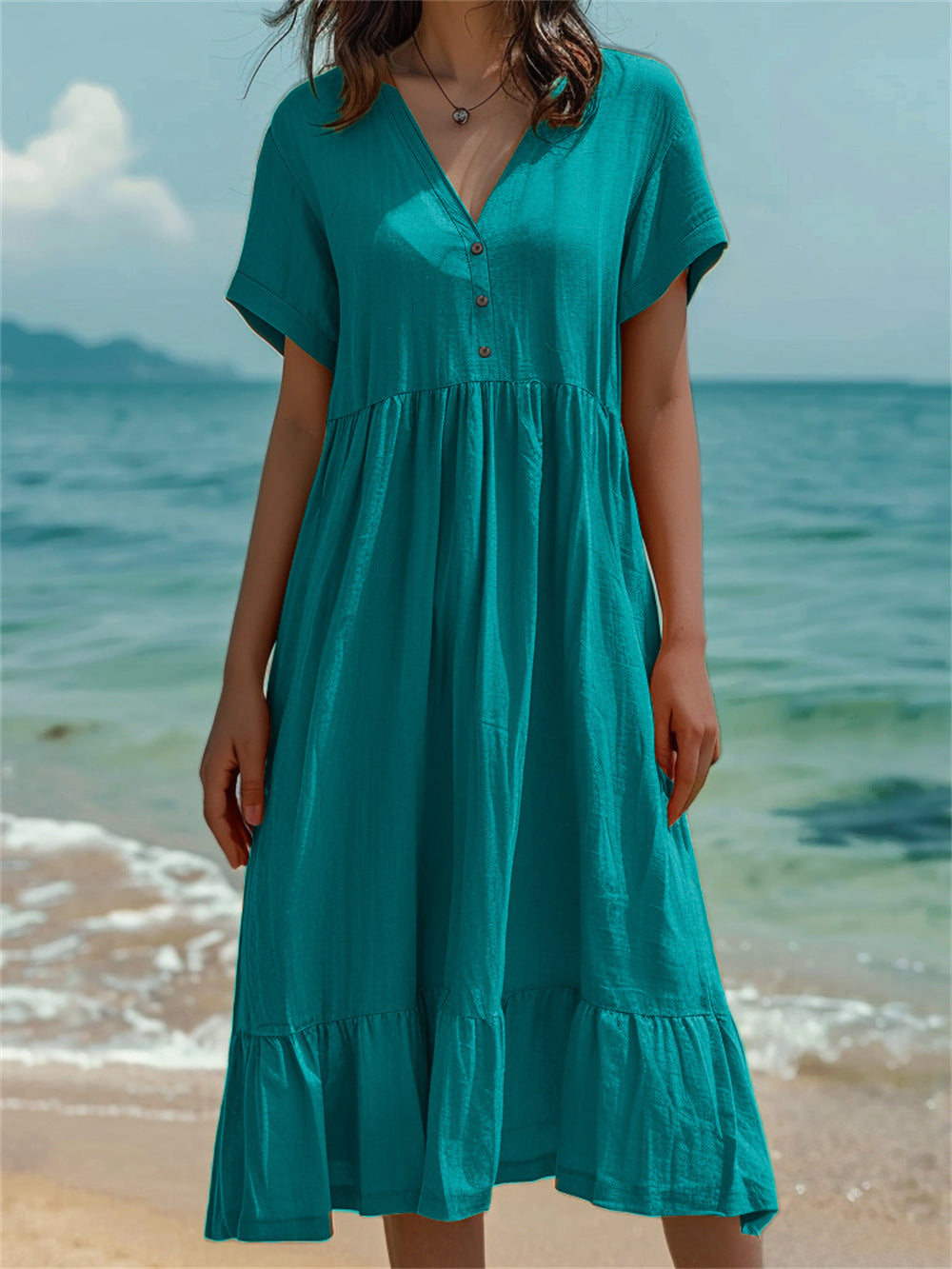 Women's Cotton and Linen Short Sleeve V-neck Dress
