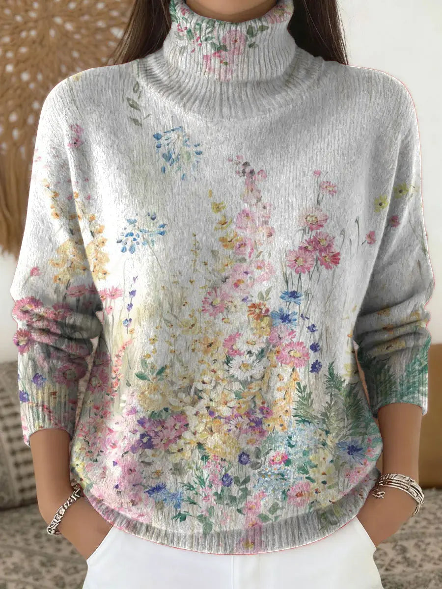 Women's Fresh Floral Art Print Turtleneck Sweater