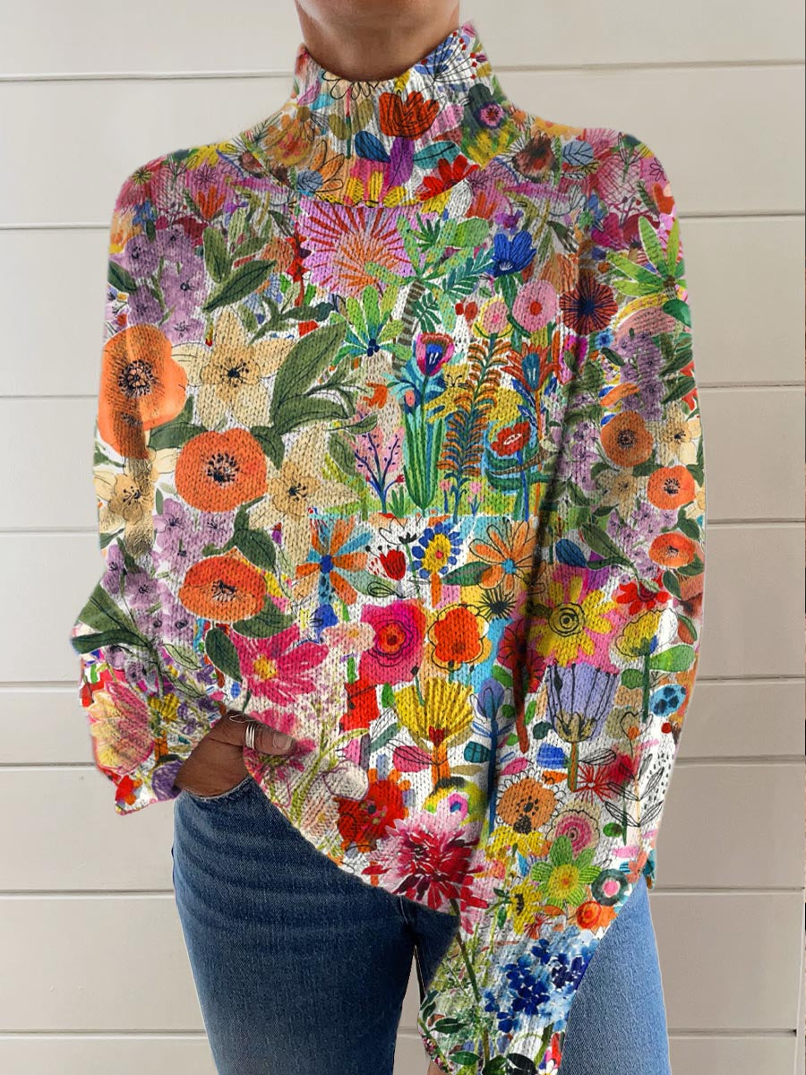 womens-vintage-colorful-art-flower-print-knit-turtleneck-pullover-sweater