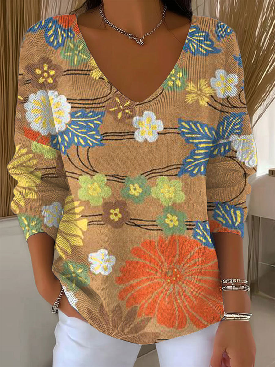 womens-vintage-flower-art-print-casual-pullover-sweater-i8g6