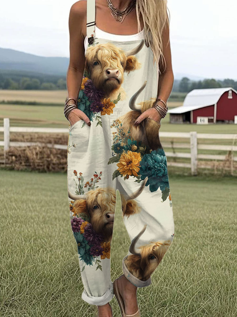 Women's  Farm Highland Cattle Floral Art Print Casual 100% Cotton Wide Leg Jumpsuit