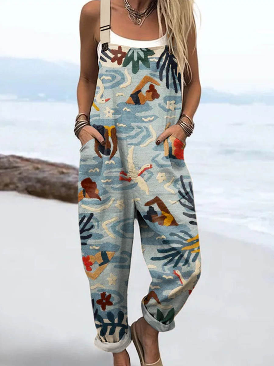 Women's Funny Swimming Pattern Art Print Casual 100% Cotton Wide Leg Jumpsuit