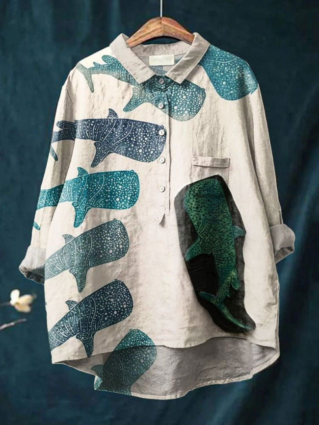 Women's Shark  Art Print Casual Cotton And Linen Shirt