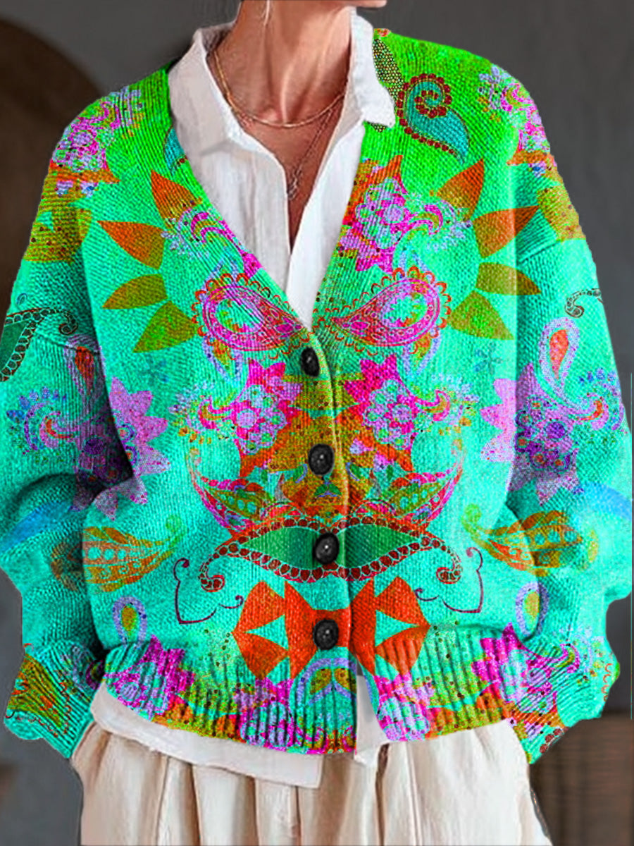beautiful-colorful-ethnic-floral-geometric-painting-art-print-buttoned-v-neck-cardigan-sweater