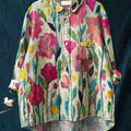 Women's Vintage Flower Art Print Casual Cotton And Linen Shirt