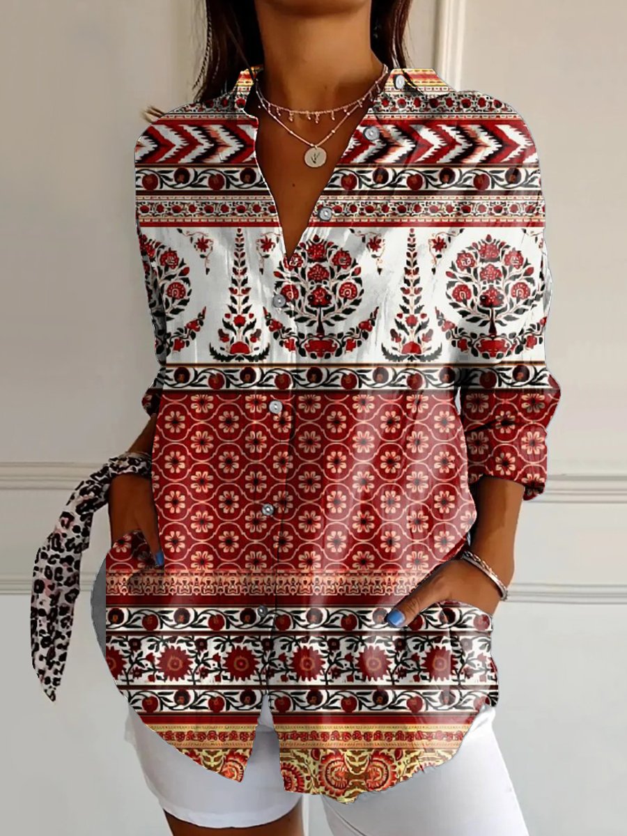 Women's Vintage Ethnic Pattern Art Print Casual Cotton Shirt
