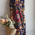 Women's Vintage Flower Art Print Linen Pocket Dress