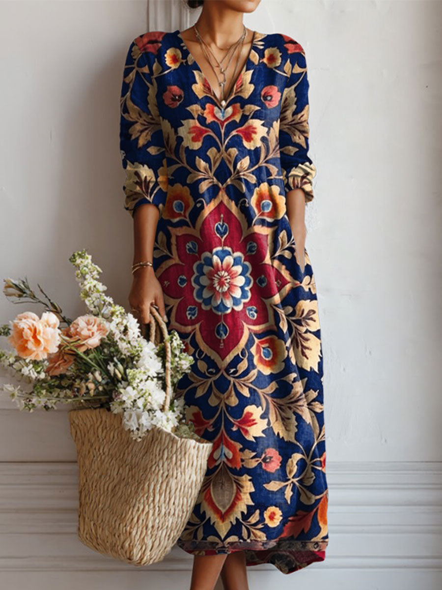 Women's Vintage Flower Art Print Linen Pocket Dress