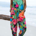 Women's  Vintage Flowers Print Casual 100% Cotton Wide Leg Jumpsuit