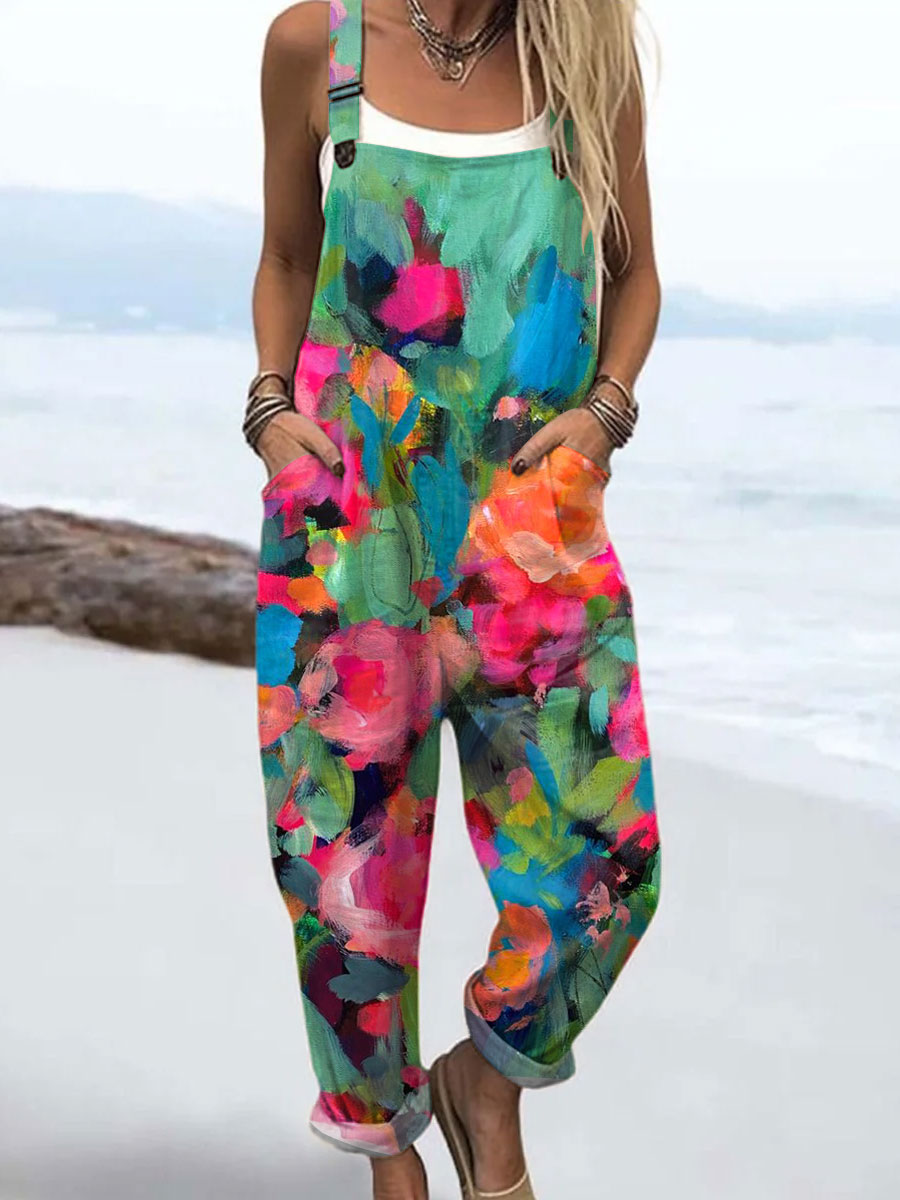Women's  Vintage Flowers Print Casual 100% Cotton Wide Leg Jumpsuit
