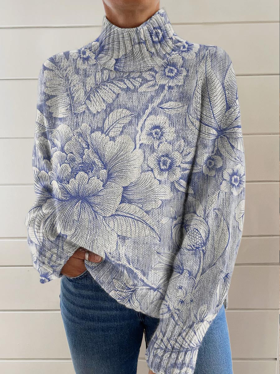 womens-vintage-floral-pattern-art-print-knit-turtleneck-pullover-sweater-t66l