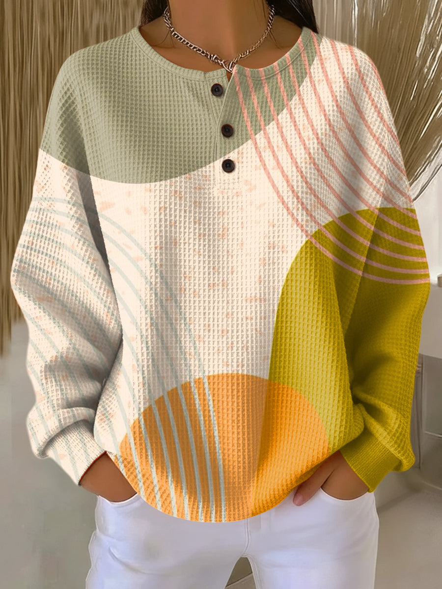 Women's Abstract Circular Color Block Painting Art Print Casual Cotton Sweatshirt