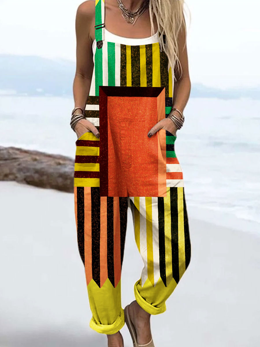 Women's Vintage Abstract Geometric Lines Art Print Casual 100% Cotton Wide Leg Jumpsuit